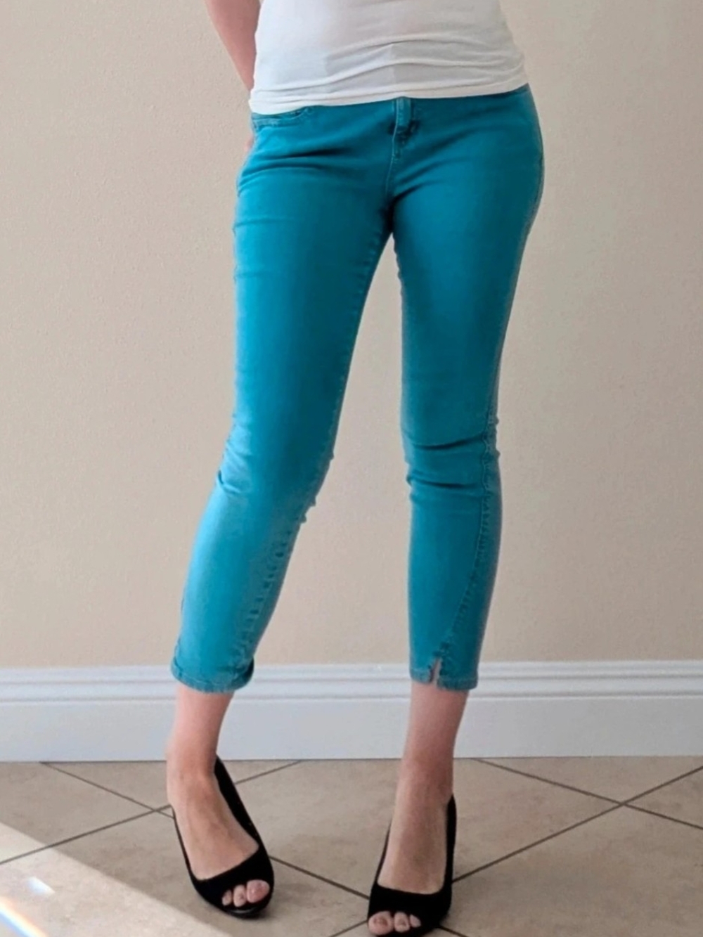 Free People Teal Cropped Skinny Jeans